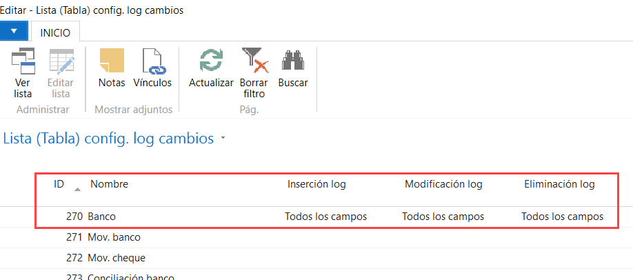 log cambios Dynamics NAV