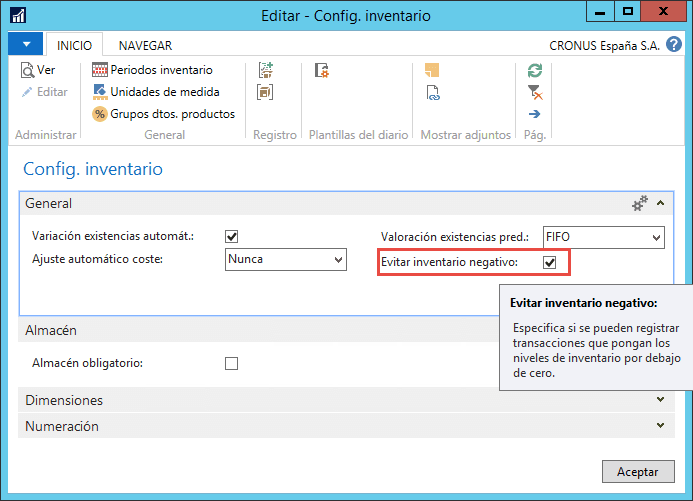 Inventario negativo Dynamics NAV