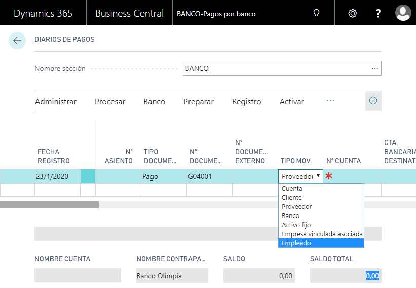 Movimientos empleado Business Central 2