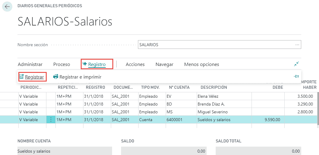 Movimientos empleado Business Central 3
