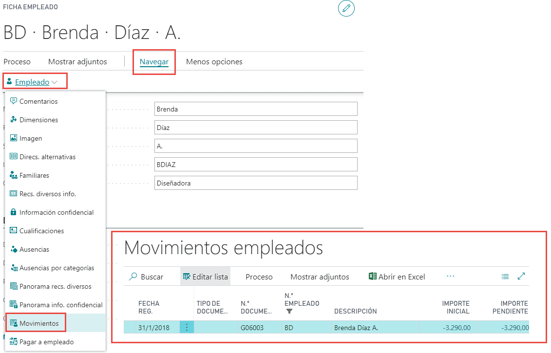Movimientos empleado Business Central 4