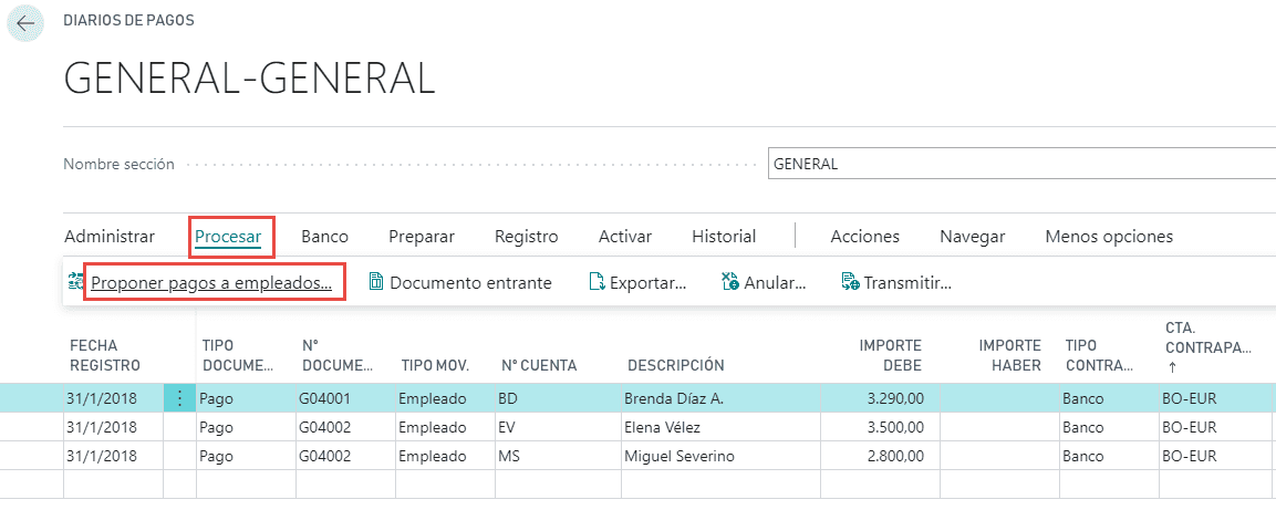 Movimientos empleado Business Central 5