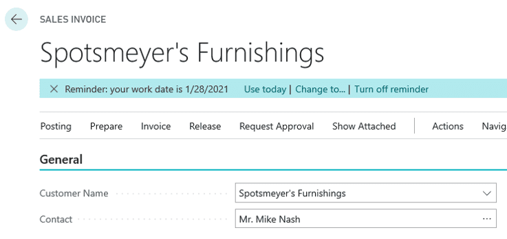 fecha de trabajo dynamics 365 business central